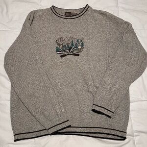 Vintage Men’s Haggar Beige Crewneck Knit Sweater with Embroidered Outdoor Scene
